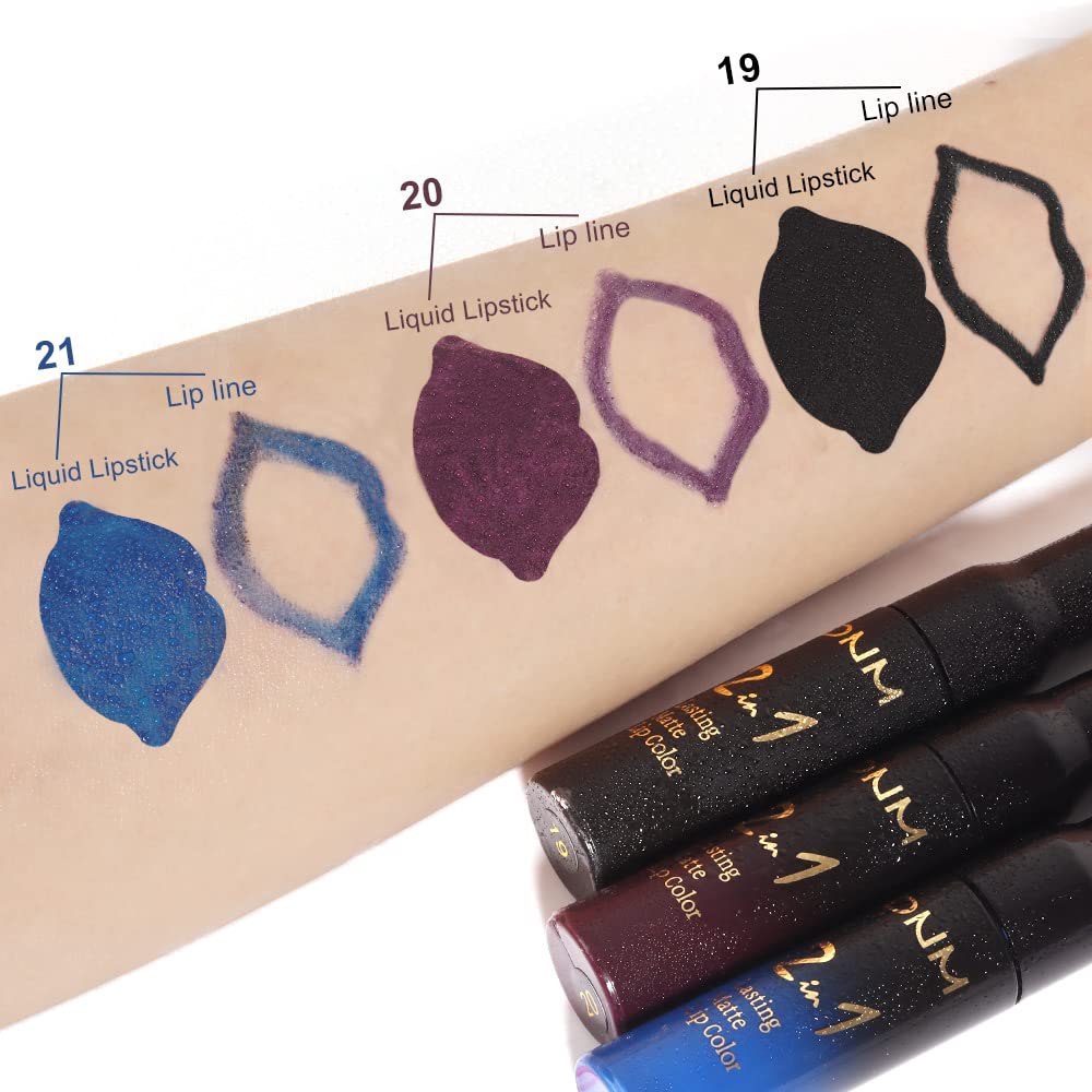 evpct Juego de 3 delineadores de labios color azul oscuro, negro y morado mate, lápiz labial líquido, brillo de labios, a prueba de manchas, 24
