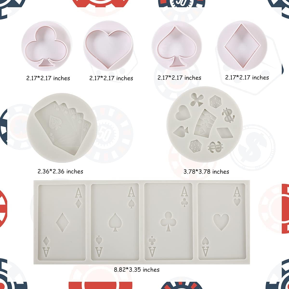 Juego de 7 moldes de silicona de póquer para fondant para Las Vegas, noche de casino, decoraciones de fiesta de cumpleaños de casino con corazón de