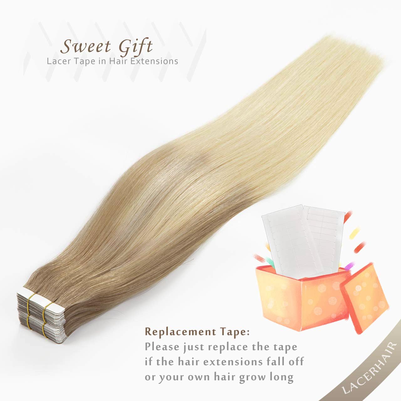 Lacer Extensiones de cabello rubio con cinta adhesiva de doble cara, trama de piel sin costuras, color marrón claro #8, balayage, rubio platino,