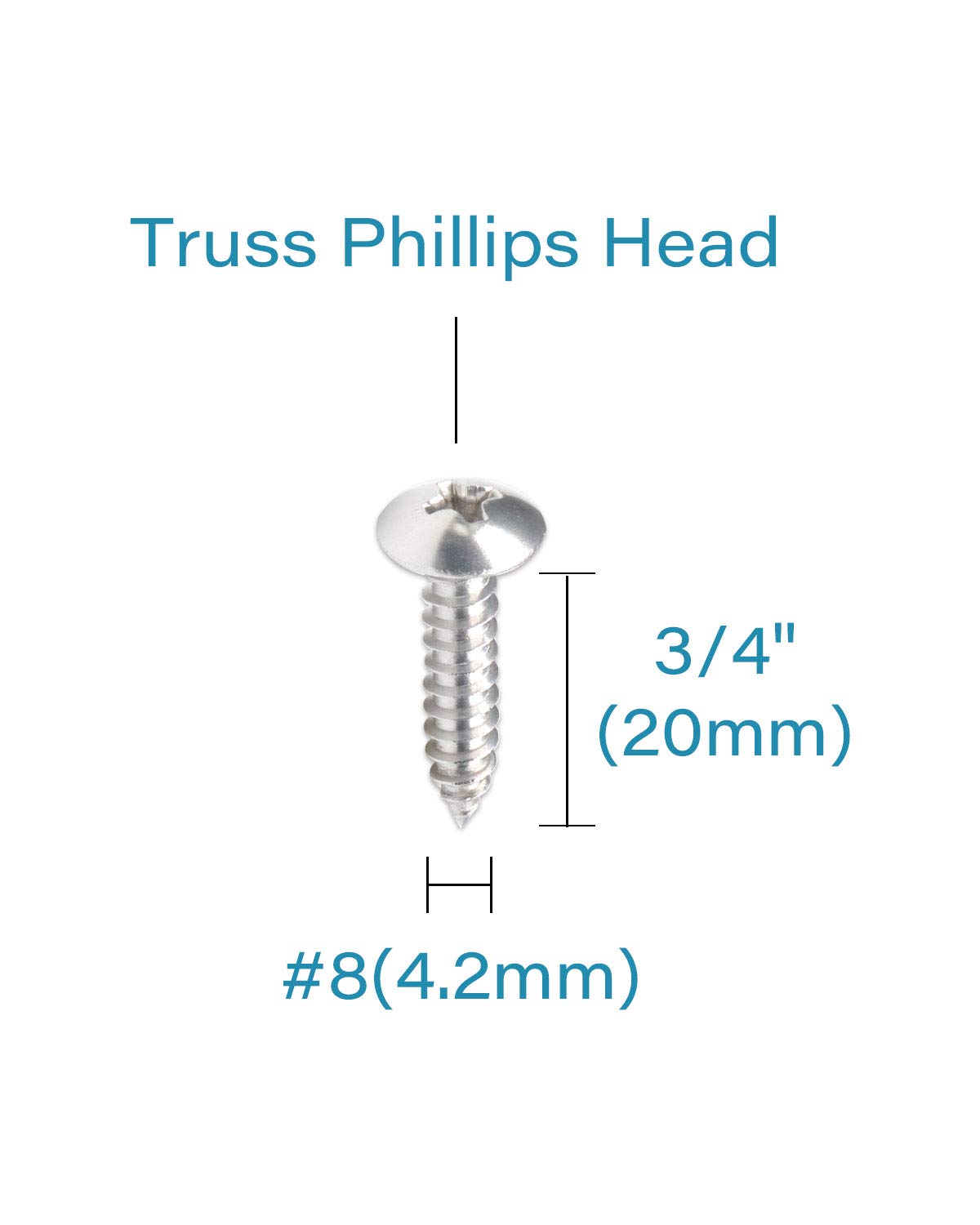 100 tornillos para madera con cabeza Phillips inoxidable 304 de truss #8 x 34 “(20mm)
