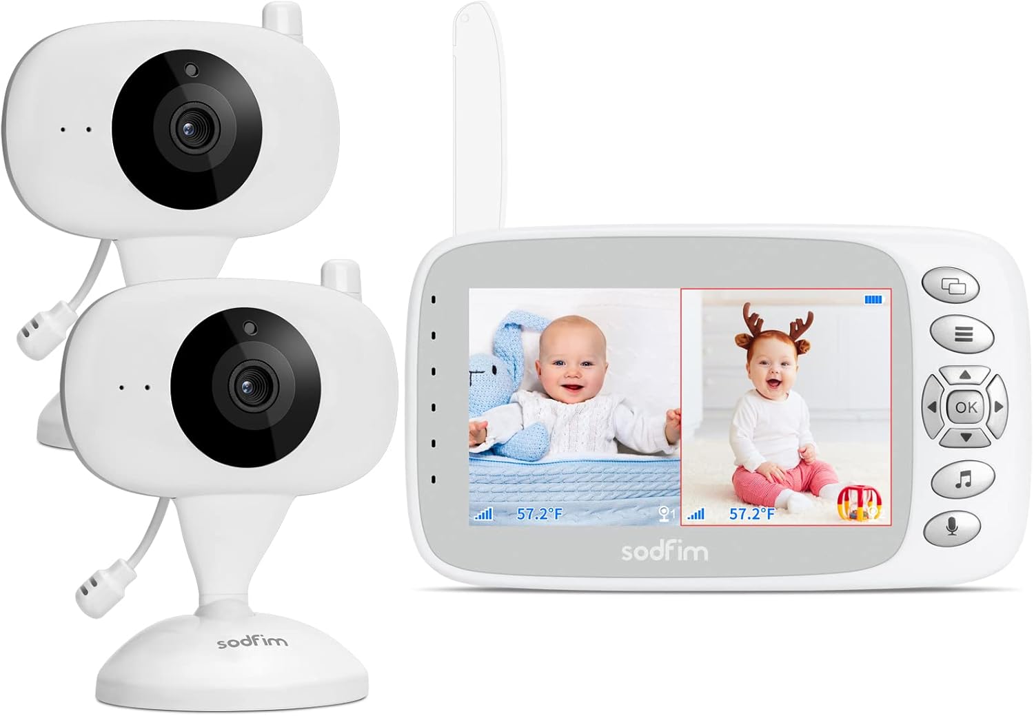 sodfim Monitor de bebé con 2 cámaras monitor de cámara de video de pantalla dividida de 4.3 pulgadas con audio, sin monitor de bebé WiFi, visión