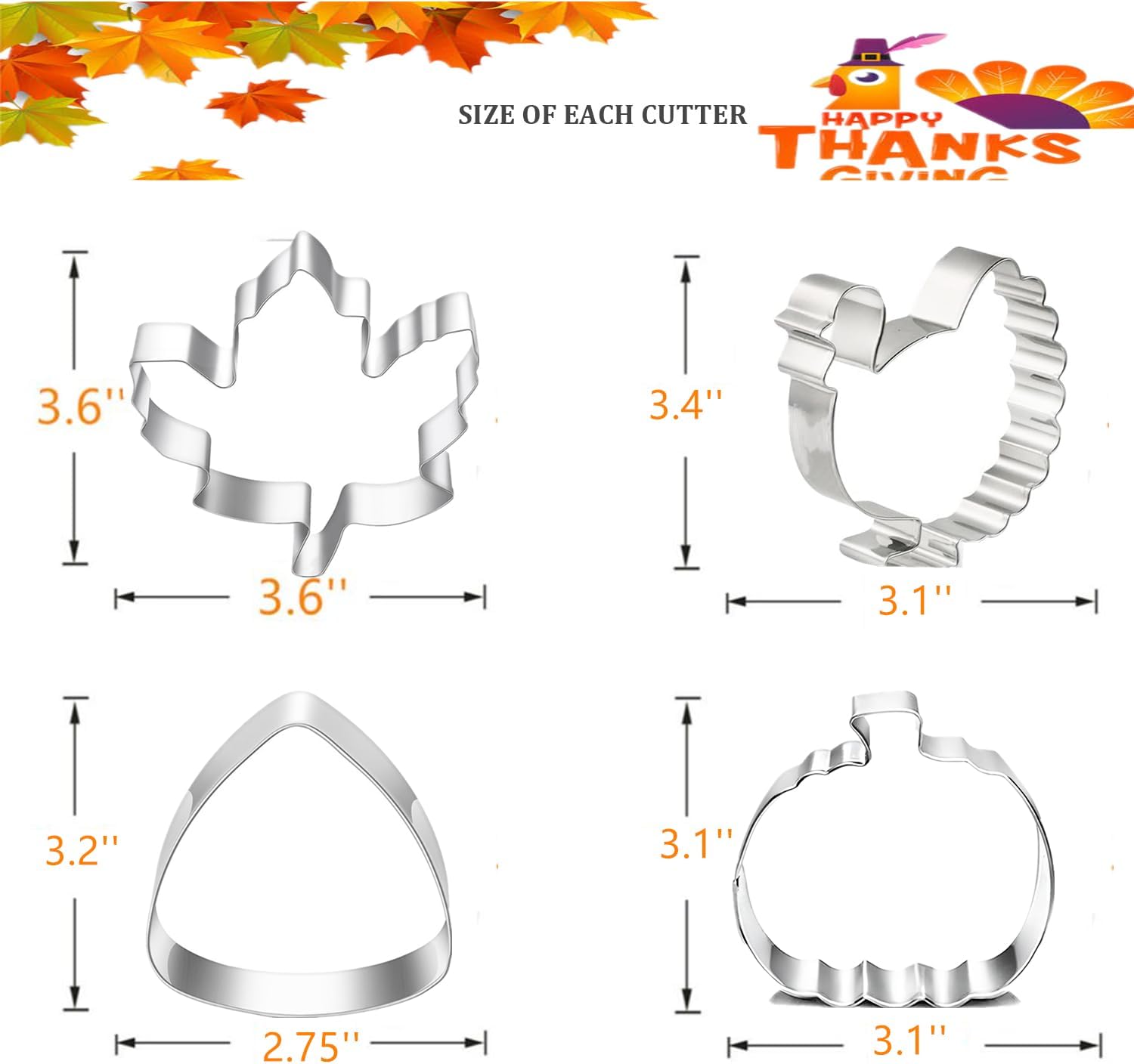 Juego de 4 cortadores de galletas grandes de otoño de Acción de Gracias con instrucciones de receta, formas navideñas de calabaza, hoja de arce,
