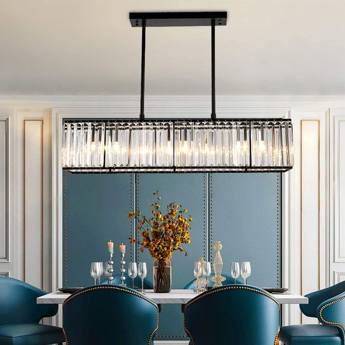 Siljoy Candelabro rectangular moderno de cristal, 5 luces, color negro, rectangular, con forma de gota de lluvia, lámpara de techo colgante lineal
