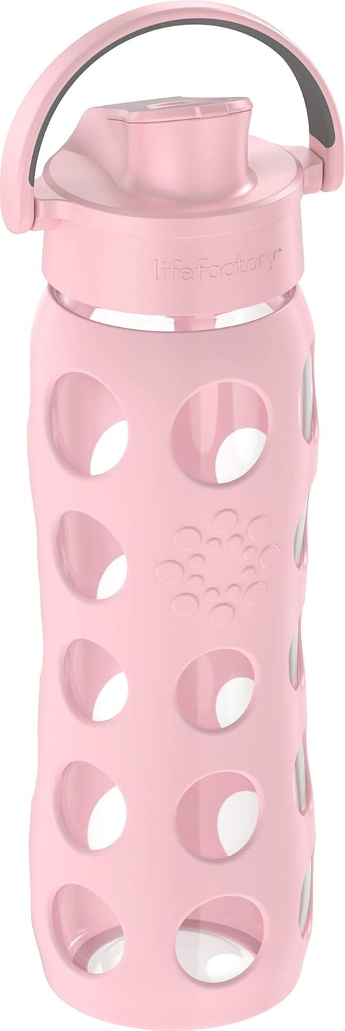Lifefactory Botella de agua de vidrio de 22 onzas con tapa abatible activa y funda protectora de silicona, rosa del desierto