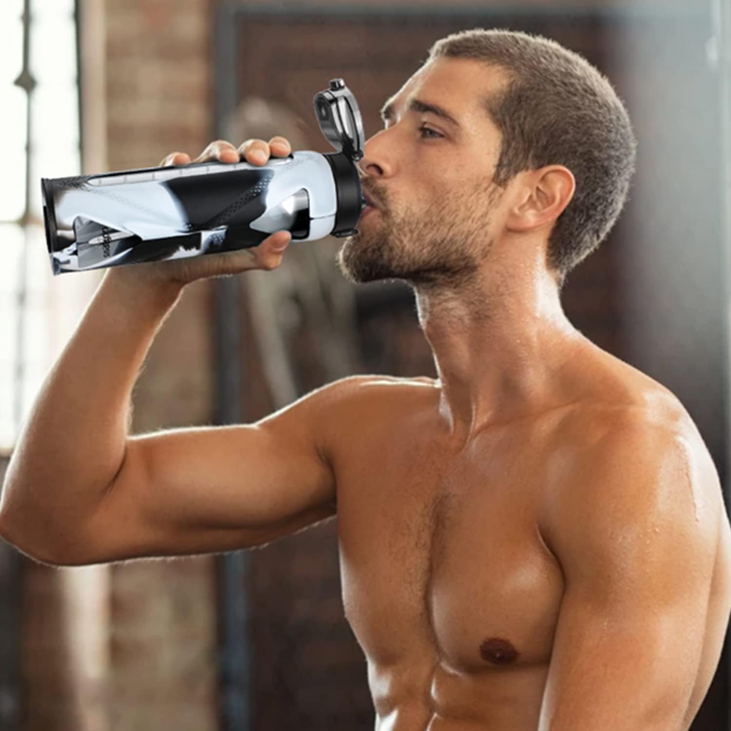 GOPPUS Botellas de agua de vidrio con popote y tapa abatible, botellas de agua motivacionales con recordatorio de marcador de tiempo y funda de