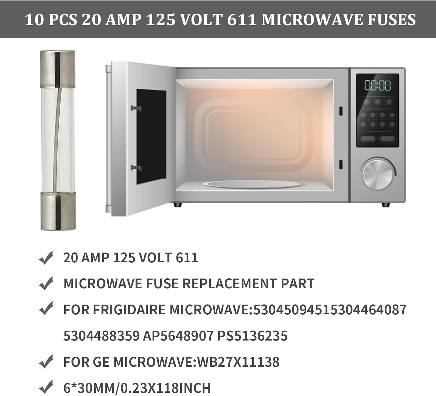 10 fusibles de microondas 20A 125V 5304509451 para microondas GE Frigidaire Hotpoint, pieza de repuesto para WB27X11138 5304464087 5304488359