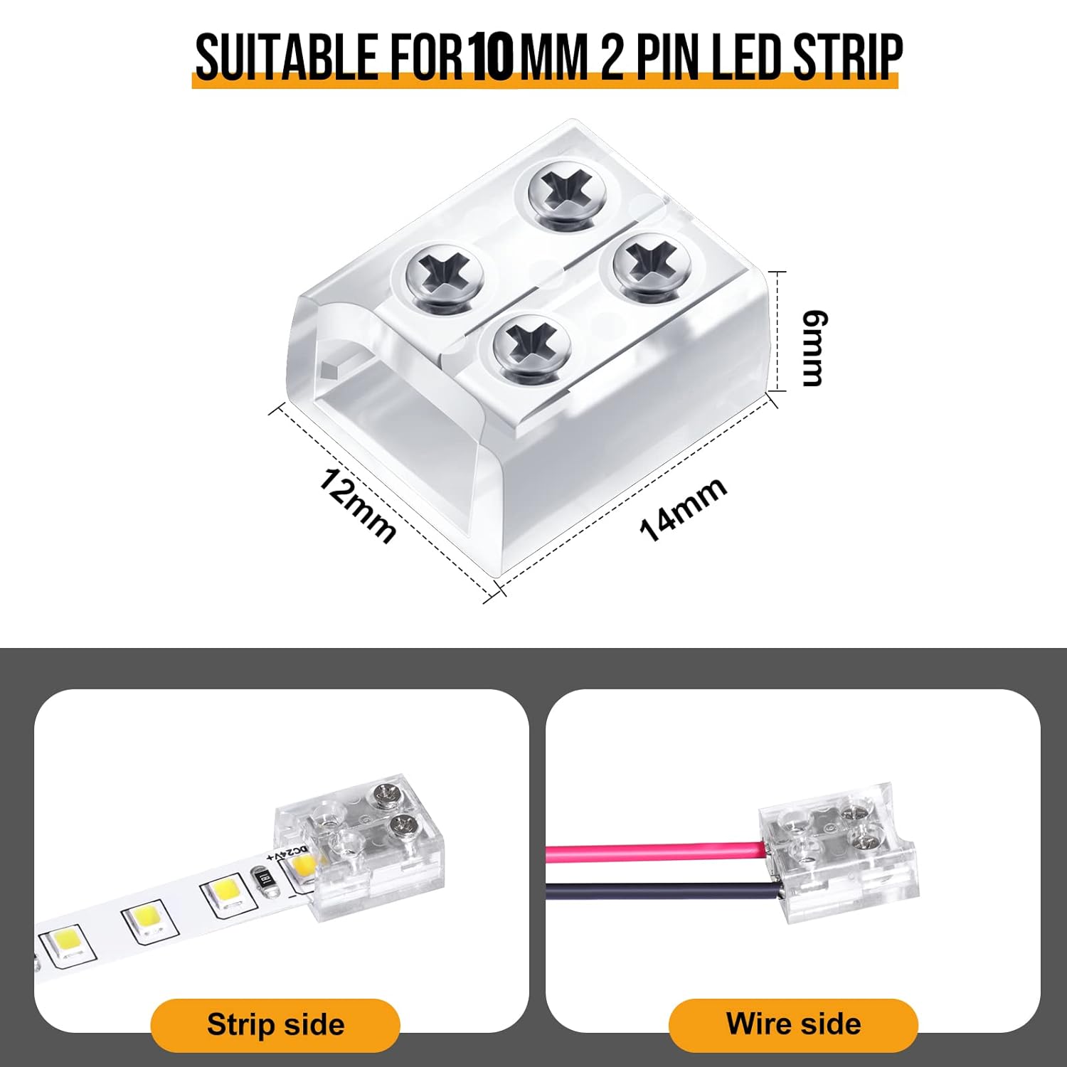 Conector de cinta LED de 2 pines de 0.394 in sin soldadura, conector de tira LED de rosca a cable, conector de bloque de terminales para 5 V, 12 V,