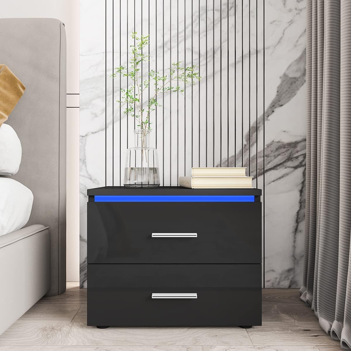 HOMMPA Mesita de noche pequeña con 2 cajones, mesita de noche LED negra, mesita de noche moderna con luz LED para dormitorio de niños, mesa de noche