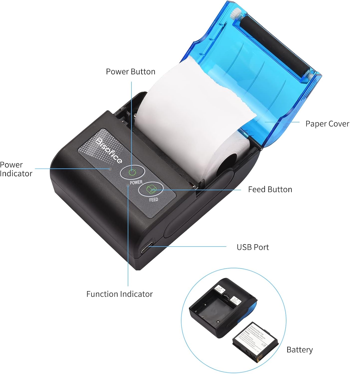 Mini impresora térmica portátil, impresora térmica de recibos de 2 pulgadas, impresora inalámbrica de boletos de recibos USB con papel de impresión