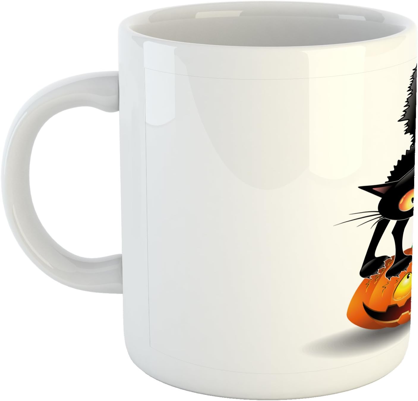 Ambesonne Taza de Halloween, diseño de gato negro sobre calabaza, personajes de dibujos animados espeluznantes, arte de humor de Halloween, taza de