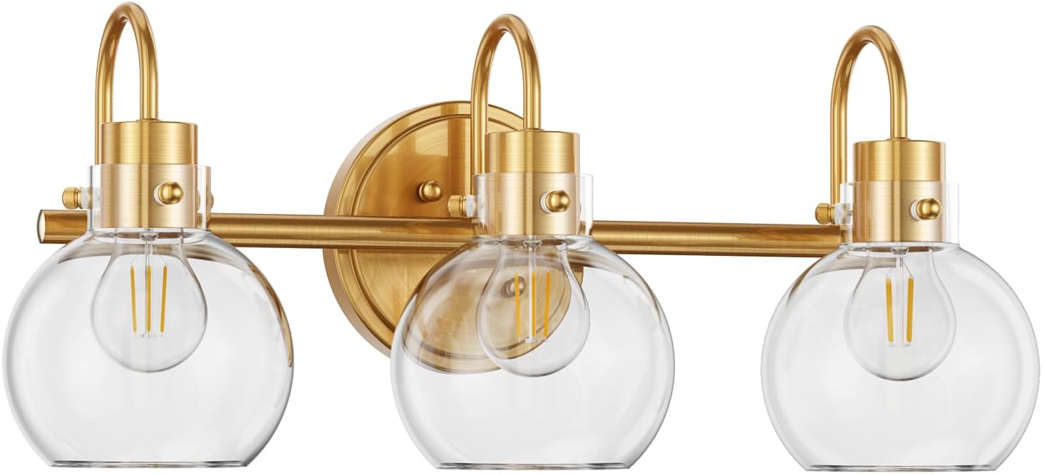 Lámpara de tocador de 3 luces, lámparas de baño de latón cepillado, apliques de pared de granja con pantalla de vidrio transparente de globo,