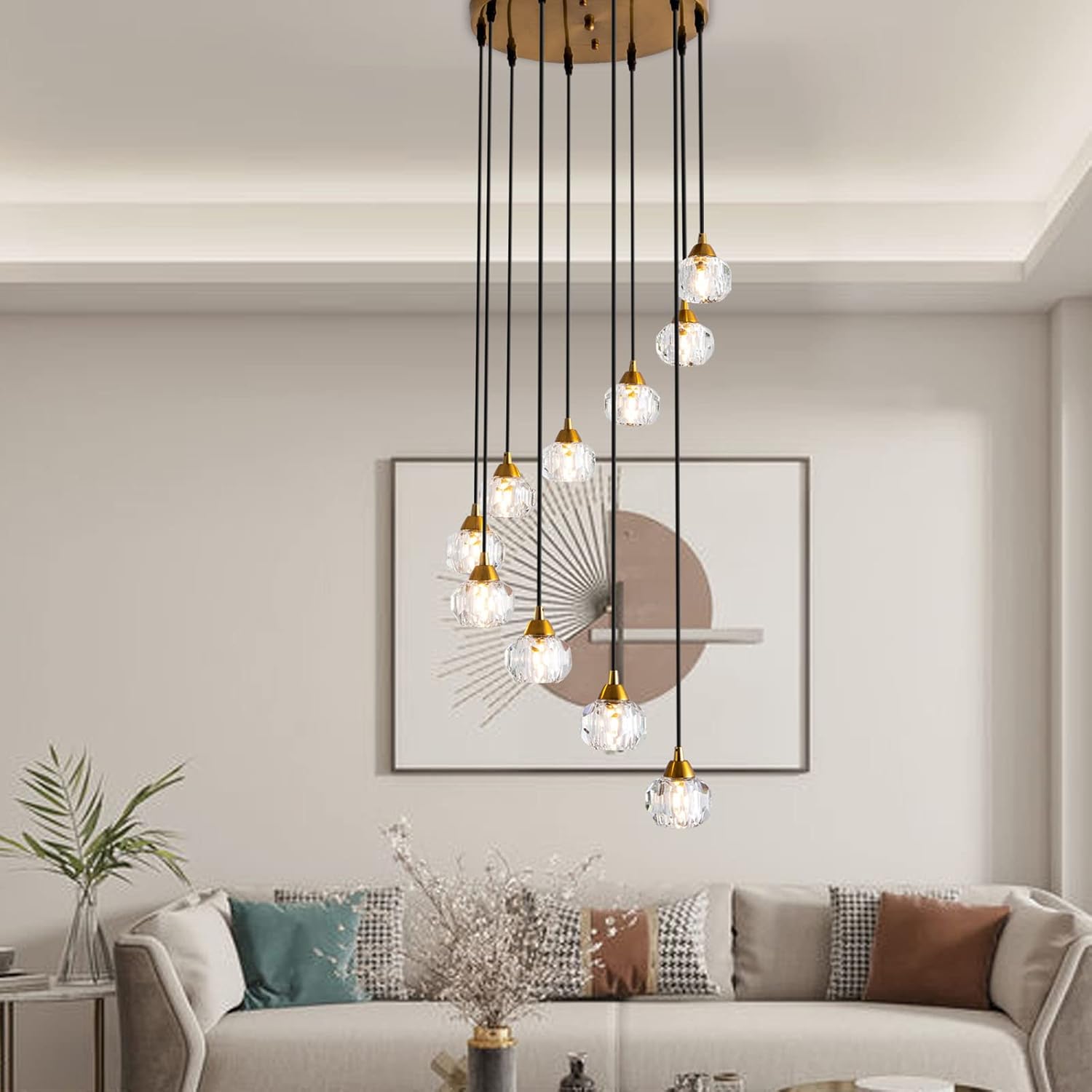 Maxax Candelabros de techo de cristal de 10 luces, lámpara colgante grande de gota de lluvia moderna de montaje empotrado, lámparas de techo de