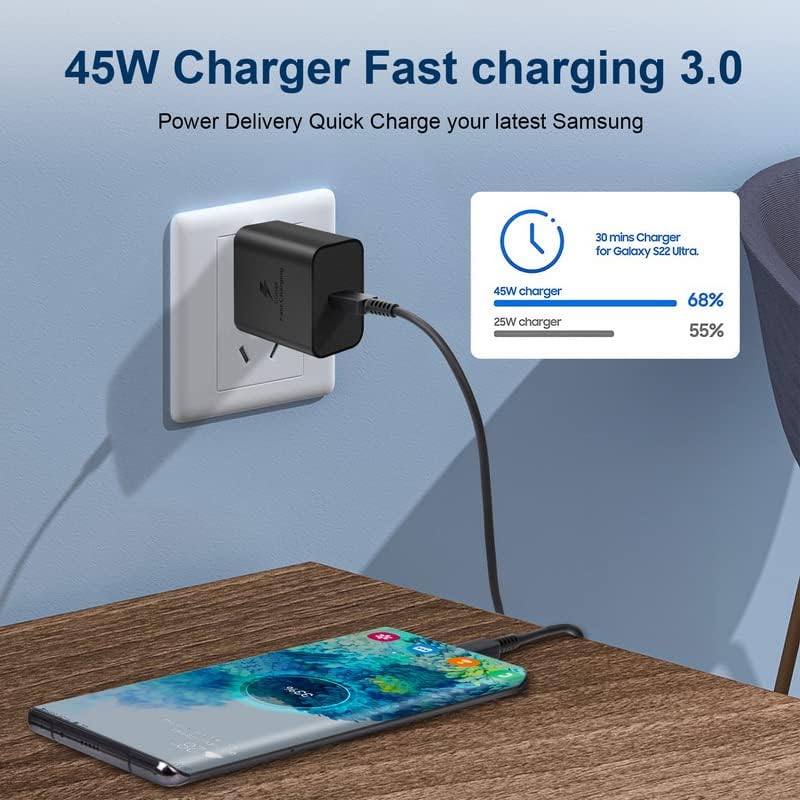 Cargador rápido tipo C, cargador de pared USB C de 45 W, bloque de carga súper rápida y cable tipo C de 6 pies soporta carga súper rápida 2.0 para
