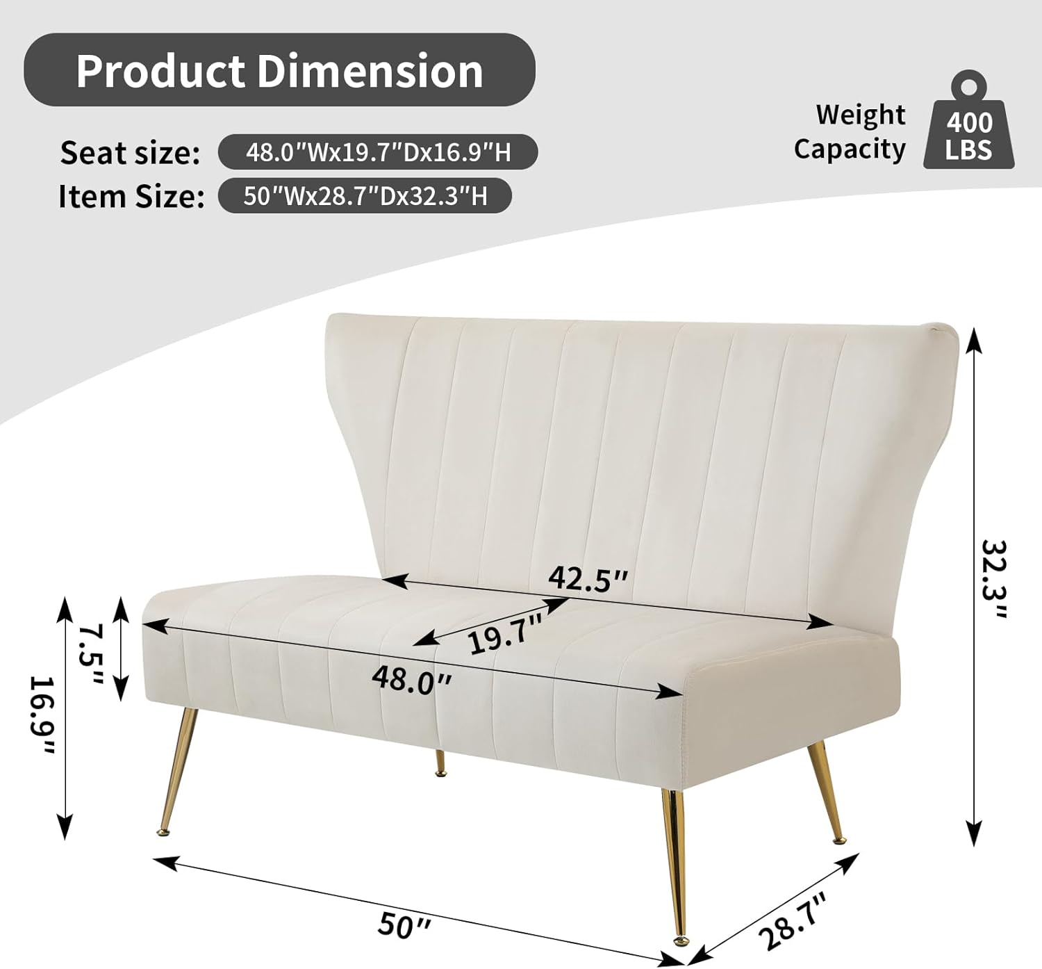 WQSLHX Sofá biplaza moderno de terciopelo de 50 pulgadas, sin brazos, sofá pequeño tapizado con respaldo de alas con patas de metal dorado, sofá