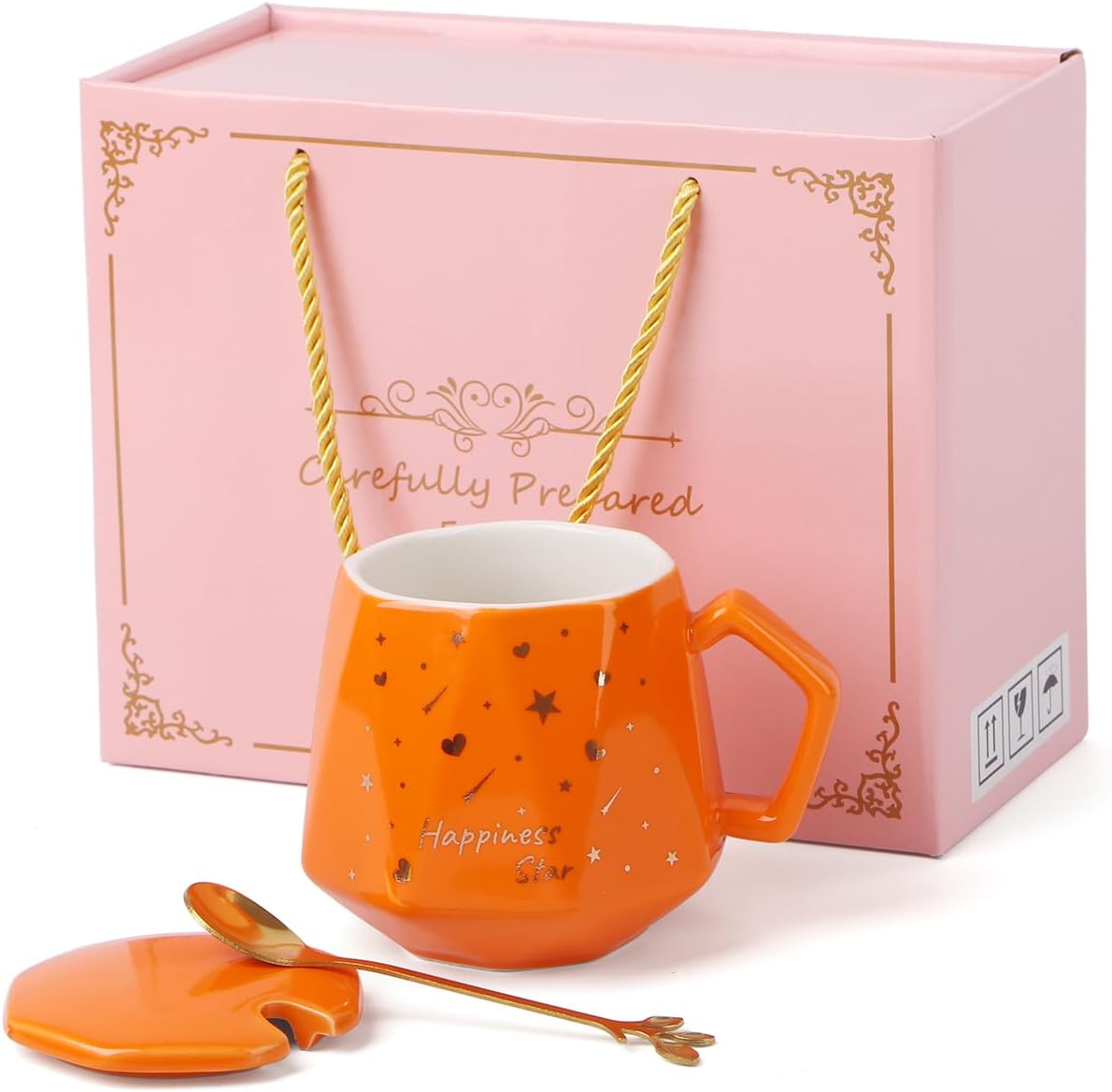 Bonito juego de tazas de café, tazas de café de cerámica con tapas, cuchara dorada y caja de regalo, regalo para mujeres, hombres, amigos, hermanas.