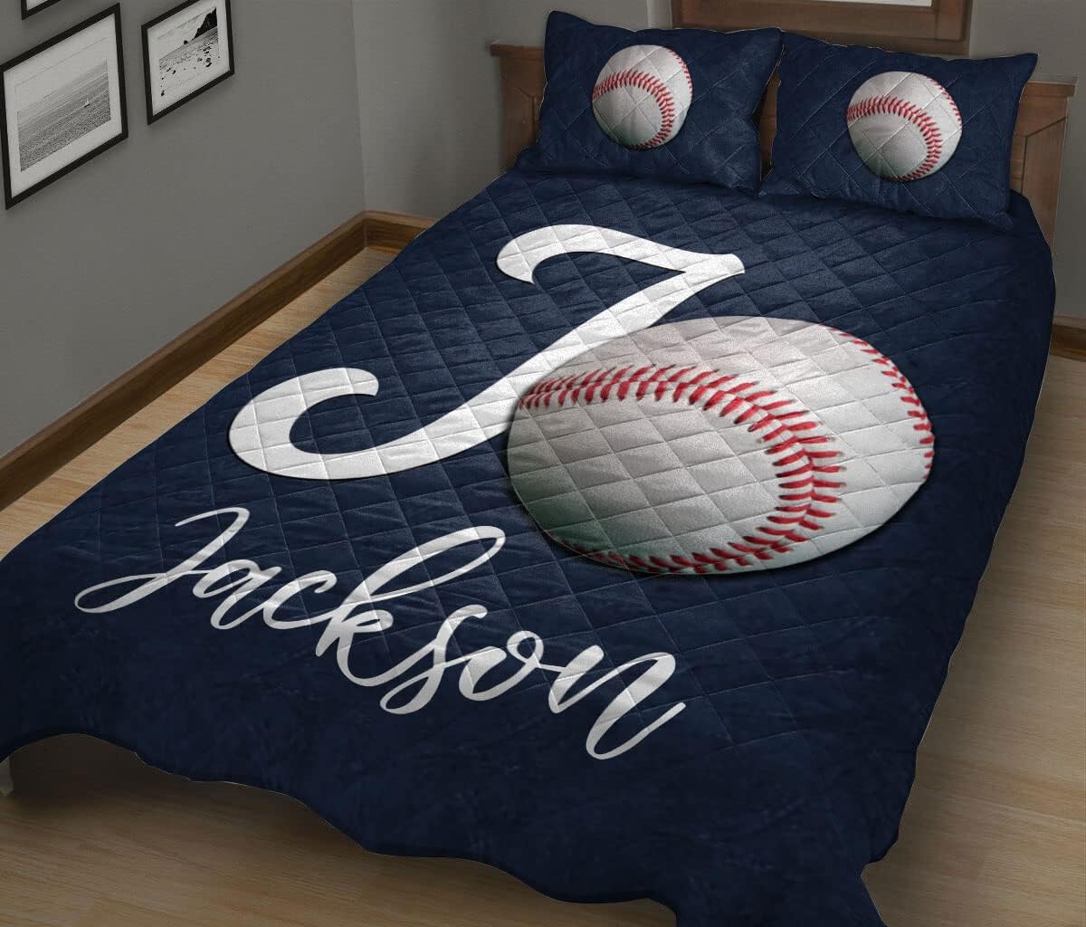 OhaPrints Balón de béisbol personalizado con fondo azul marino, regalo para amantes de los deportes, manta y fundas de almohada, juego de cama y