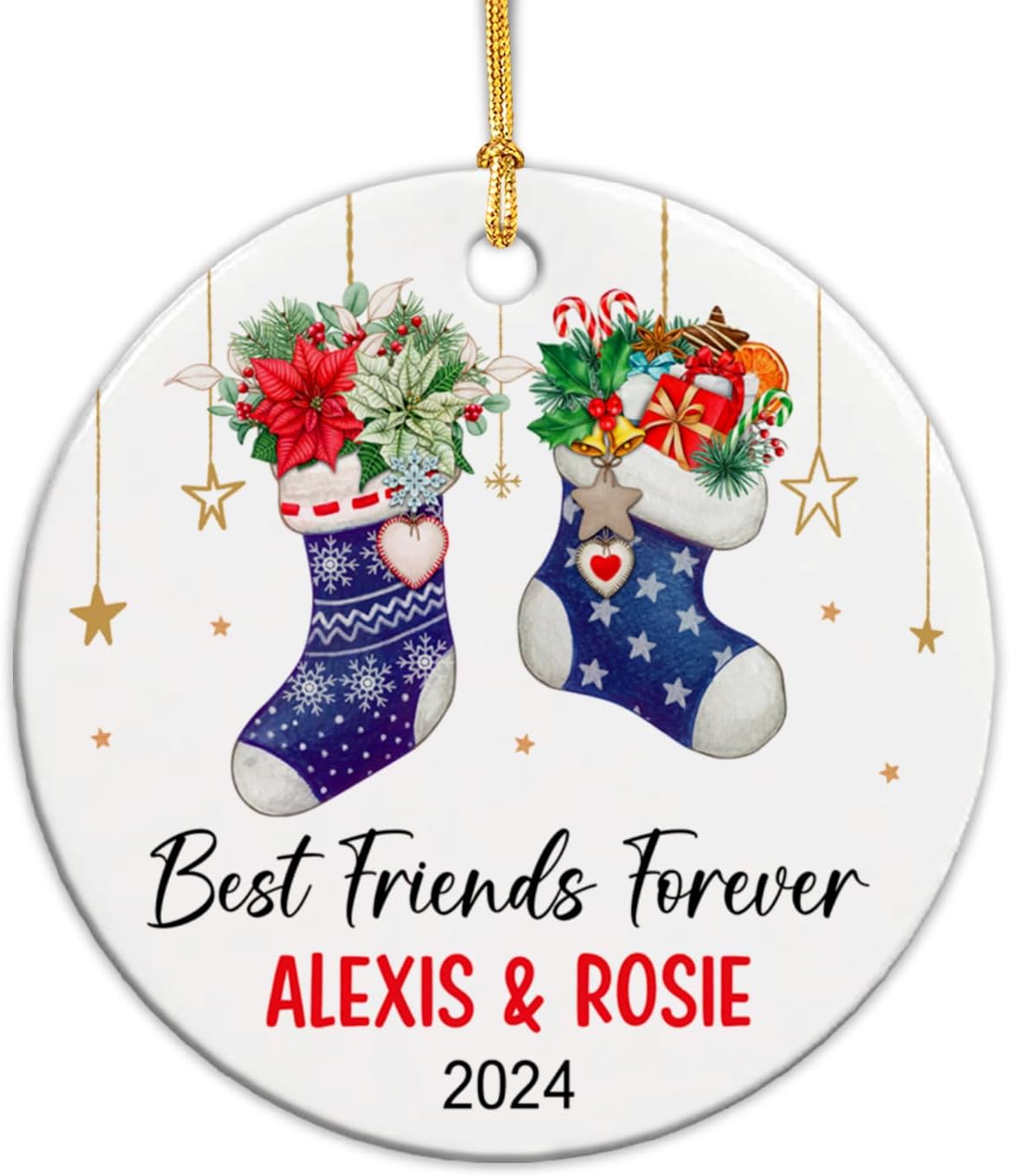 Adorno personalizado para mejores amigos para siempre, nombres personalizados y Año BFF, vacaciones de Navidad, calcetines de amigos, adorno de