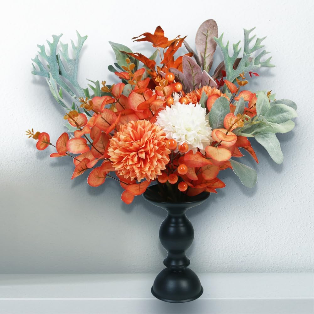 Tinsow Ramas de eucalipto artificiales, tallo de eucalipto sintético, tallos de otoño, Halloween, decoración del hogar (naranja rojizo, 10)