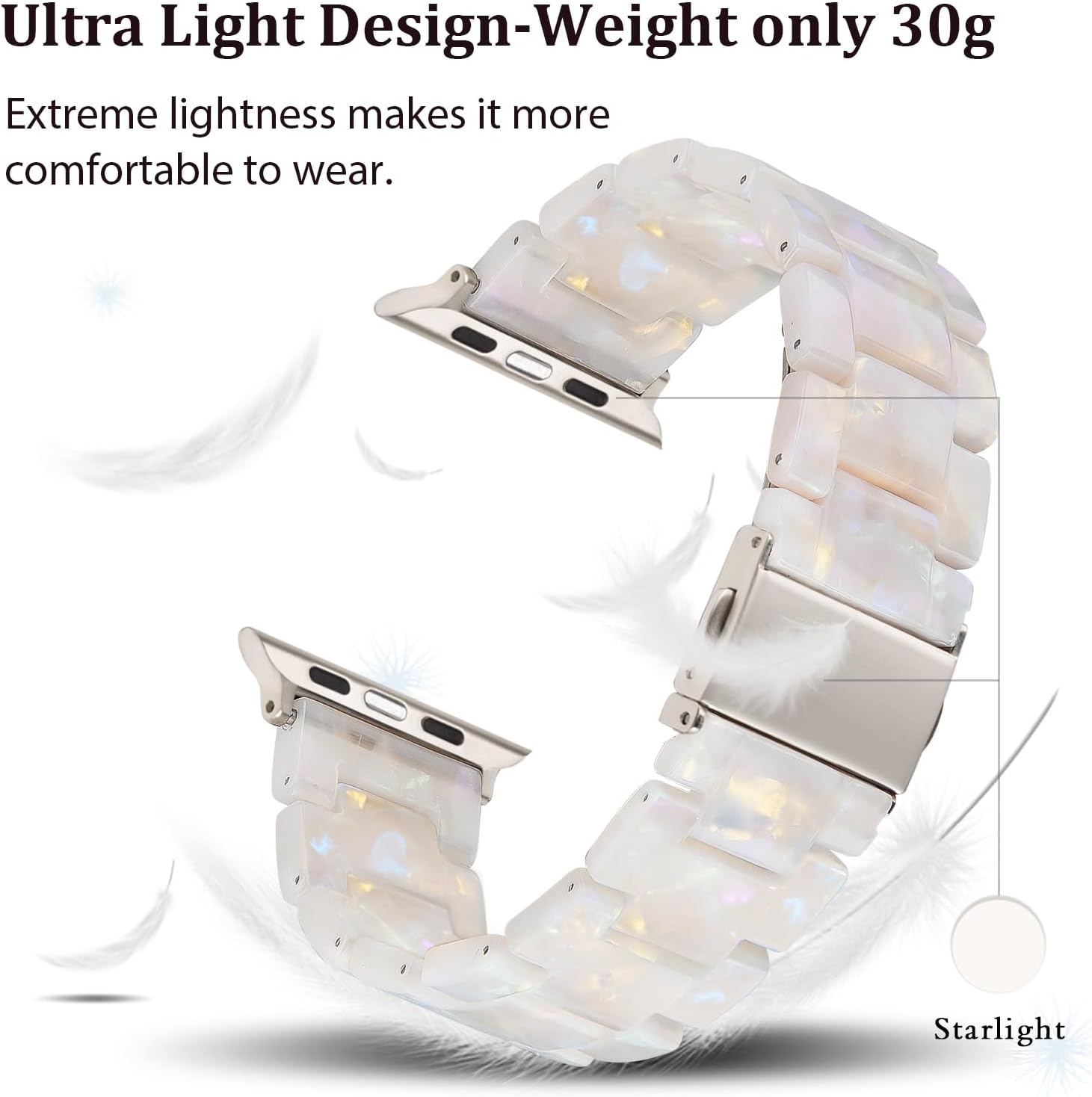 V-MORO – Correa ligera de resina para Apple Watch Series 8, correa de 1.77pulgadas, con hebilla de acero inoxidable Starlight, compatible con iWatch