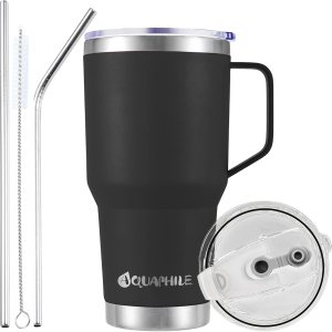 AQUAPHILE Taza de café aislada de acero inoxidable de 30 onzas con asa, taza de viaje al vacío de doble pared con tapa y pajita, taza de café AQUAPHILE Taza de café aislada de acero inoxidable de 30 onzas con asa, taza de viaje al vacío de doble pared con tapa y pajita, taza de café