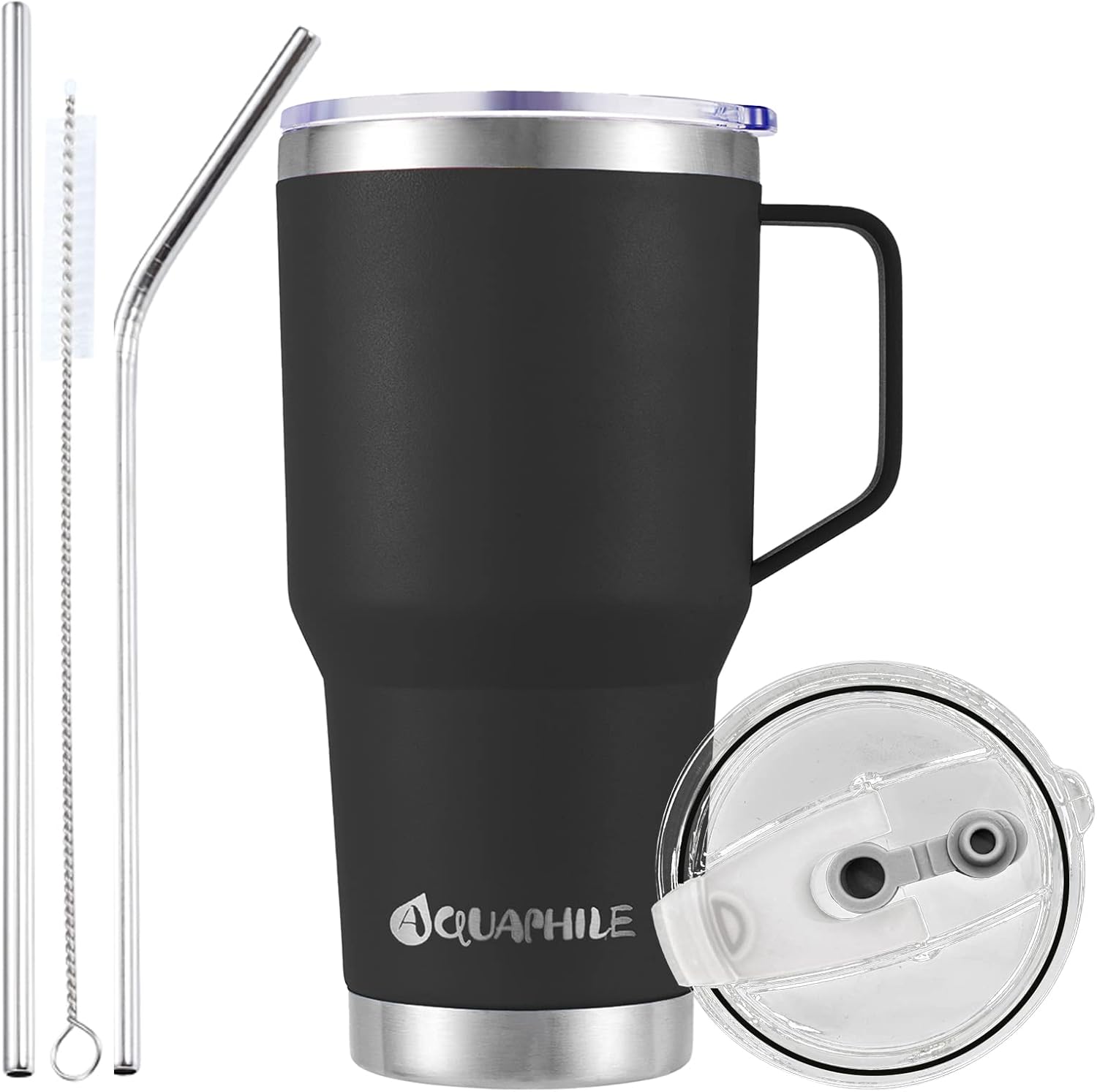 AQUAPHILE Taza de café aislada de acero inoxidable de 30 onzas con asa, taza de viaje al vacío de doble pared con tapa y pajita, taza de café