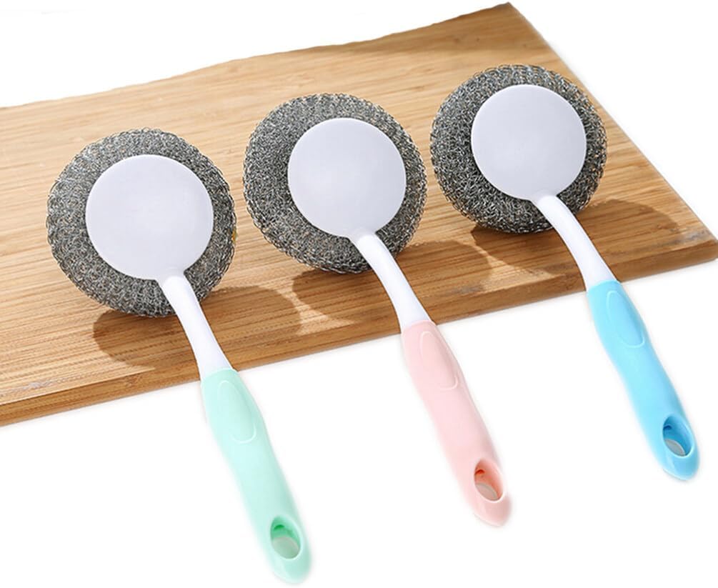 Healeved Cepillo de acero inoxidable para fregador, cepillo de metal para platos, olla y platos, limpiador de utensilios de cocina con mango largo,