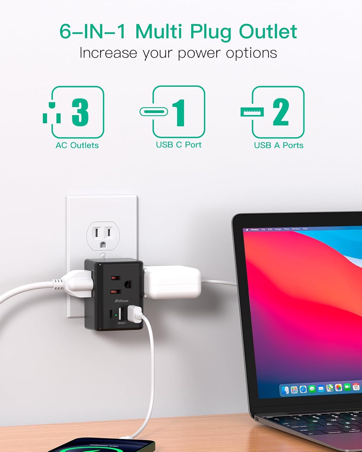 Extensor de toma de corriente, cargador de pared USB con 3 puertos USB (1 USB C), regleta de alimentación sin protector de sobretensiones, artículos