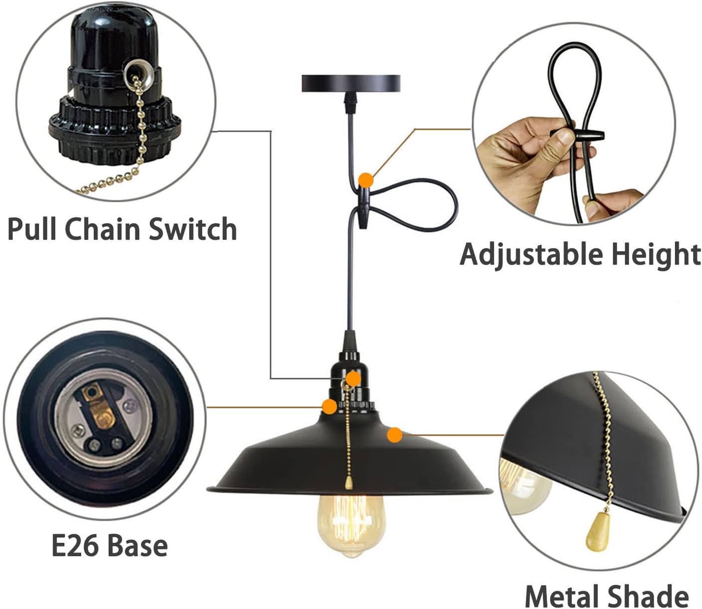 Lámpara colgante con interruptor de cadena, lámpara de techo industrial, altura ajustable de metal, E26, para isla de cocina, sótano, garaje (negro)