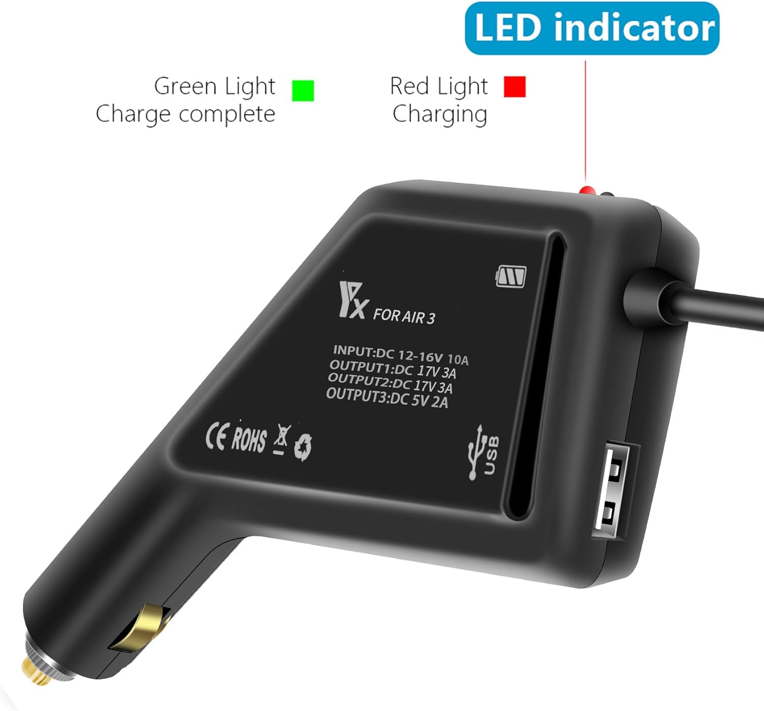 Hanatora Cargador de coche de batería 3 en 1 para DJI Air 3 Drone, accesorios de concentrador de carga rápida de 12 V