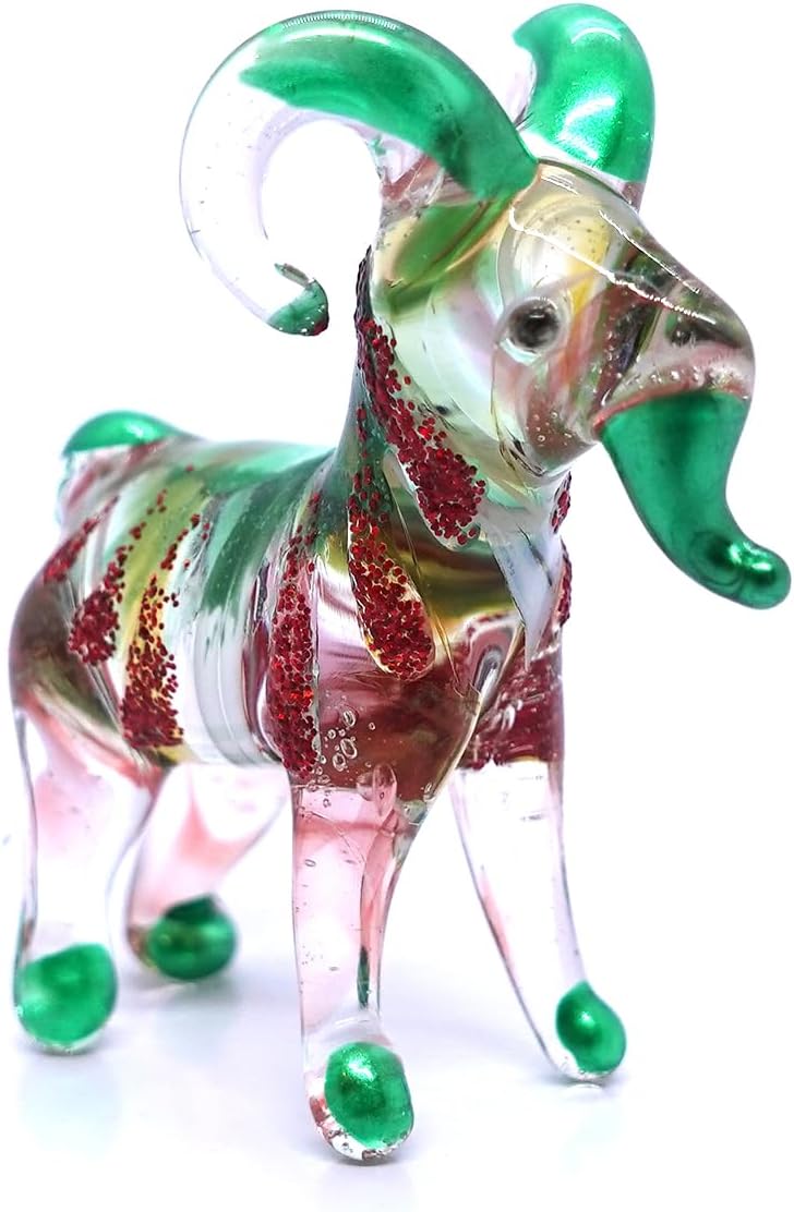 Sansukjai Figuras pequeñas de cabra animales soplados a mano, arte de vidrio, regalo coleccionable, decoración del hogar (rojo verde)