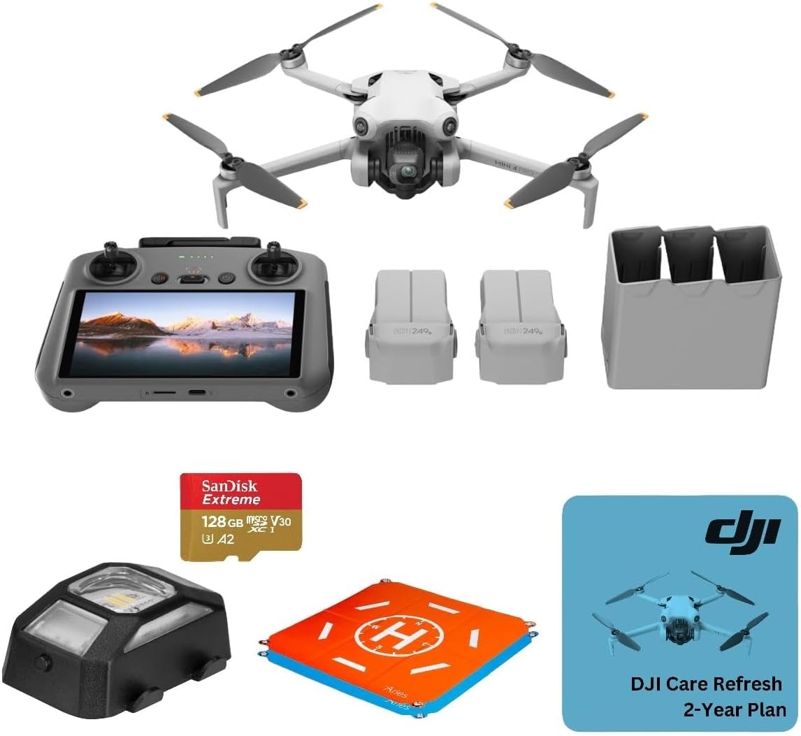 Mini 4 Pro Drone Fly More Combo, paquete con soporte de cordón, 2 tarjetas de memoria de 128 GB y plan de 2 años DJI Care Refresh, bandeja de