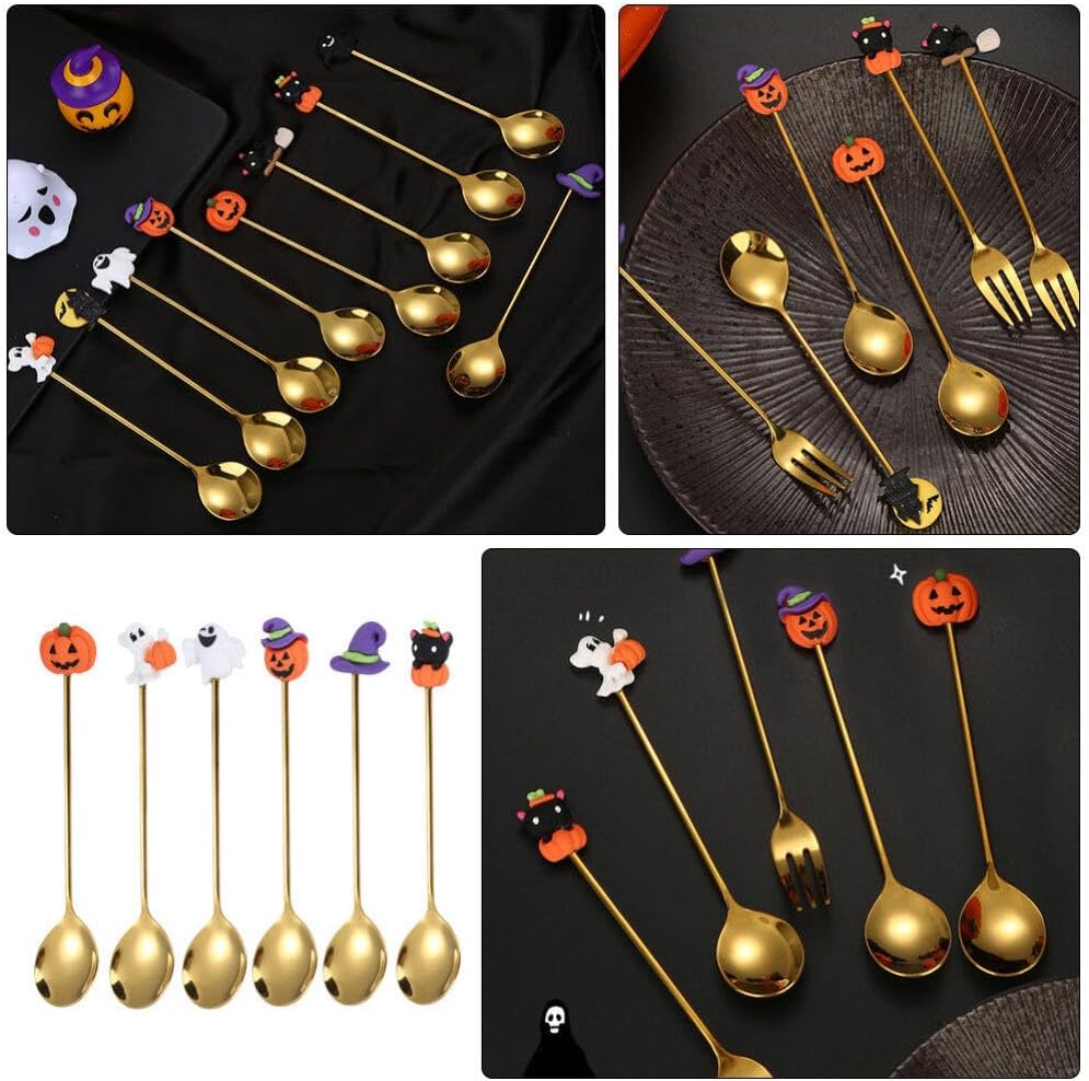 Cucharas de Halloween, 6 cucharas de Halloween, sombrero de bruja de calabaza, cucharas de fantasma, cuchara de postre, cuchara de café, cuchara de