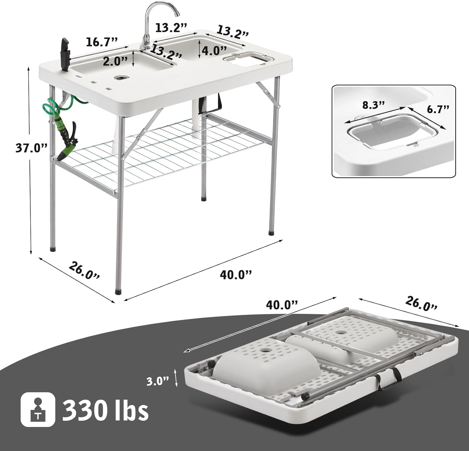 Hupmad Mesa plegable de limpieza de peces de 37 pulgadas con lavabos dobles y grifo, estación de filete portátil al aire libre con marco de rejilla,