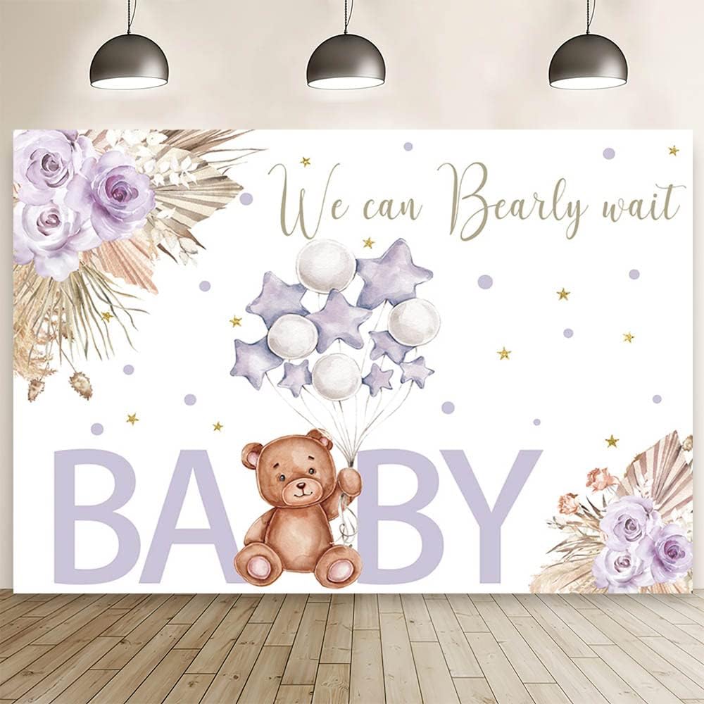 Telón de fondo de baby shower de oso bohemio de 7 x 5 pies para niña, color morado rubor, fondo floral bohemio para fotografía con texto en inglés