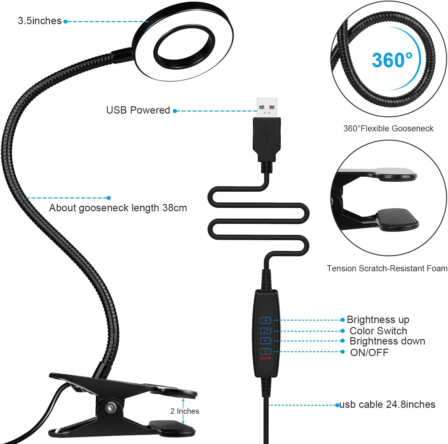 Miady Paquete de 2 lámparas LED con clip para leer en la cama, luces de lectura recargables, 3 modos de color con 10 niveles de brillo, cuello de