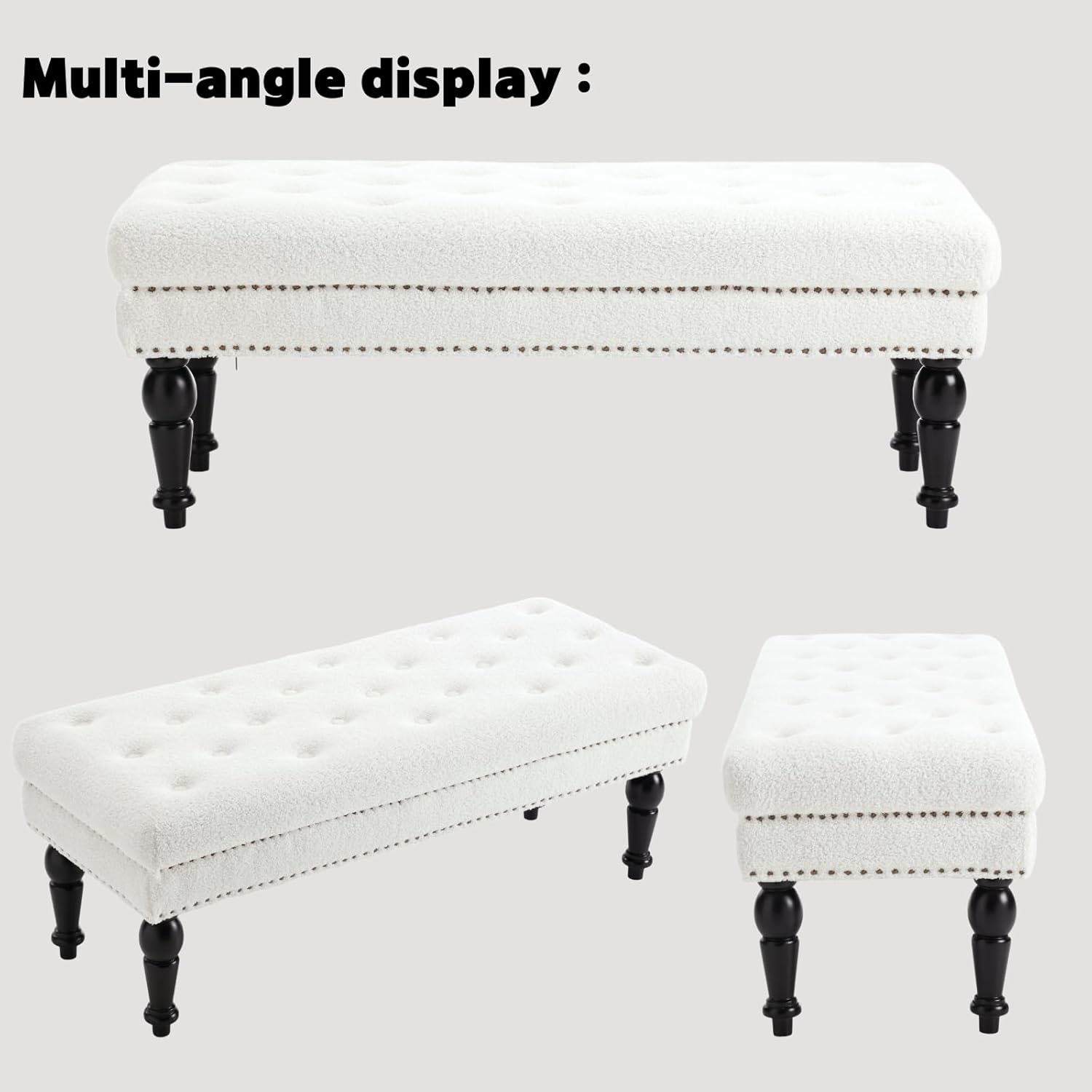 LukeAlon Banco de comedor vintage de sherpa, banco de comedor tapizado con cabeza de clavos, banco auxiliar rectangular con patas de madera maciza,