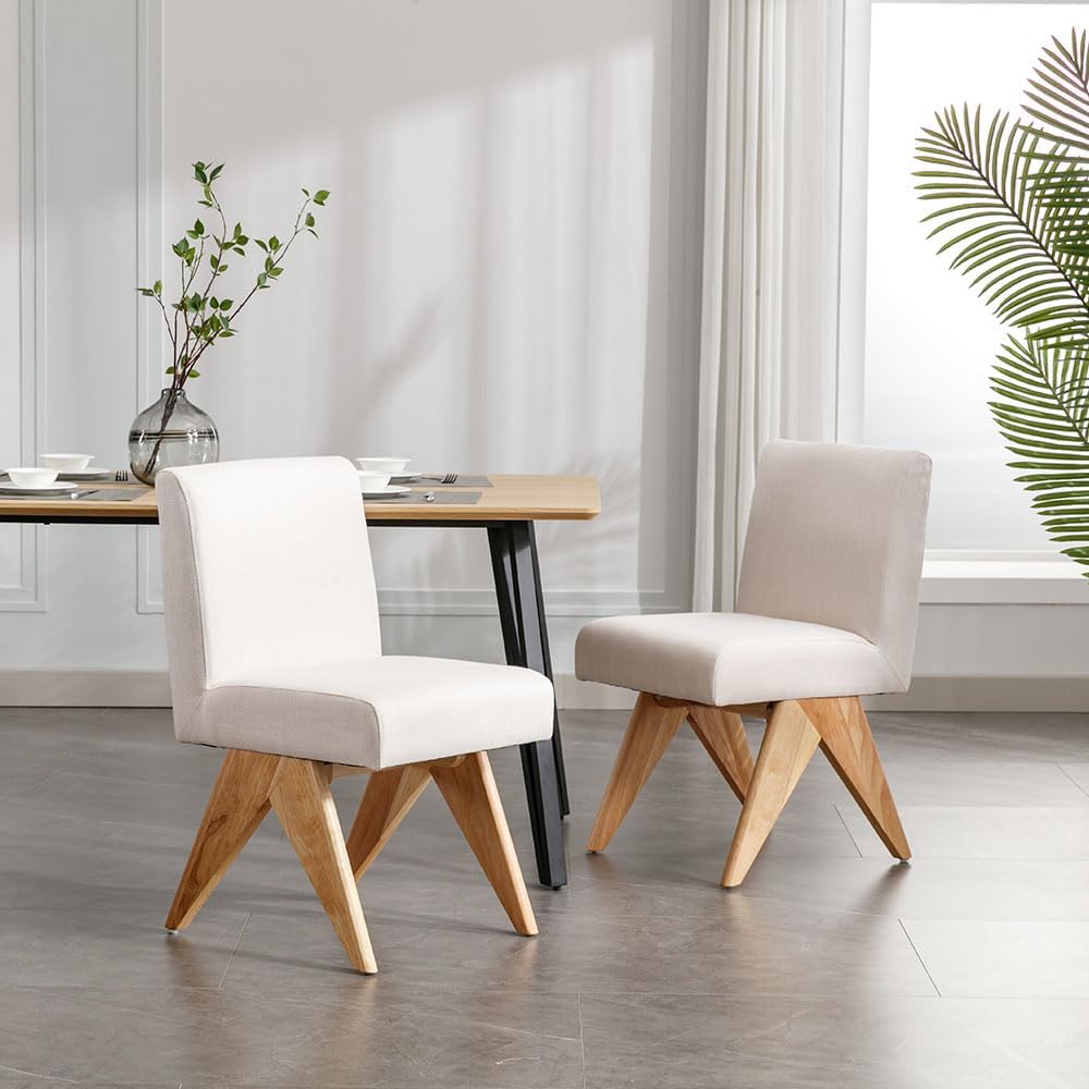 Wahson Juego de 2 sillas de comedor modernas tapizadas de lino de mediados de siglo, silla de comedor de tela moderna sin brazos con patas de madera