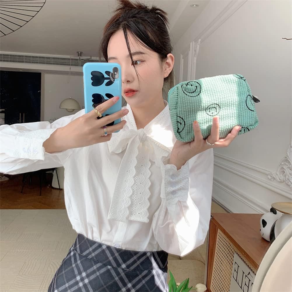 Cessfle Bolsa de maquillaje de cara sonriente, bolsa de cosméticos de pana para cosméticos, bolsa de maquillaje estética, bonita bolsa de maquillaje