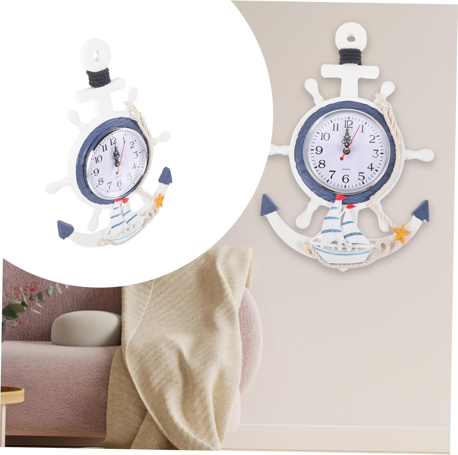 IMIKEYA Adornos de playa o reloj vintage ornamento náutico mediterráneo pared grande reloj de pared reloj de pared digital rústico ancla reloj