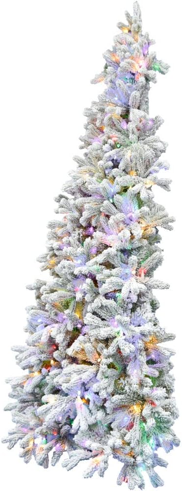 Fraser Hill Farm Árbol de Navidad artificial flocado de 6.5 pies con luces LED multicolor y soporte, árbol falso plegable preiluminado con follaje