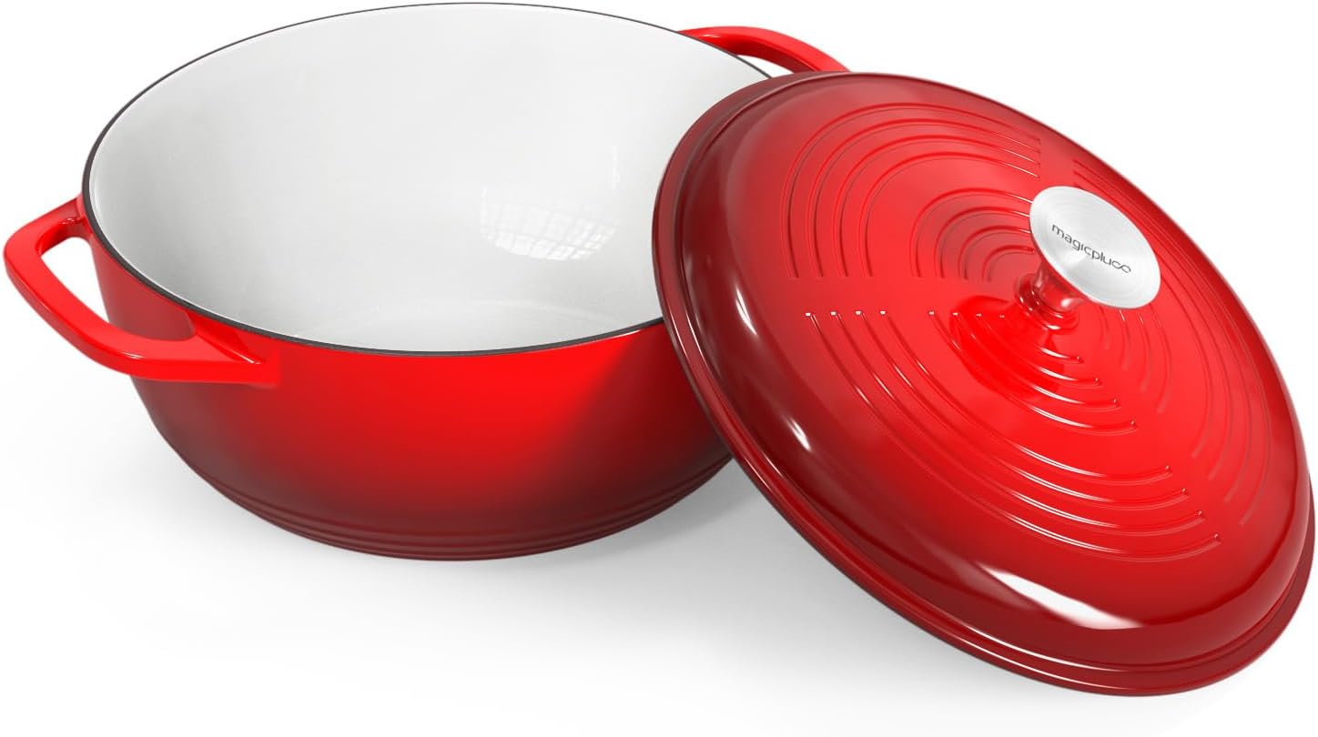 Olla de horno holandés con tapa, horno holandés de hierro fundido esmaltado, 6 cuartos de galón, olla de hierro fundido para cocinar, color rojo