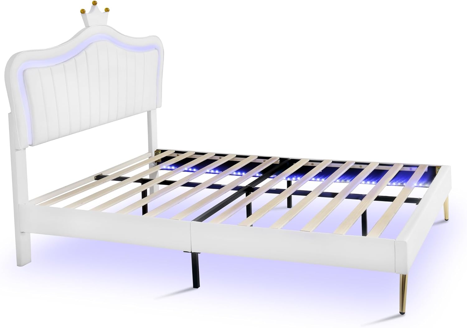 Cama de princesa tamaño Queen con luces LED, marco de cama para niños, con cabecero corona, plataforma tapizada para niños y adolescentes, no