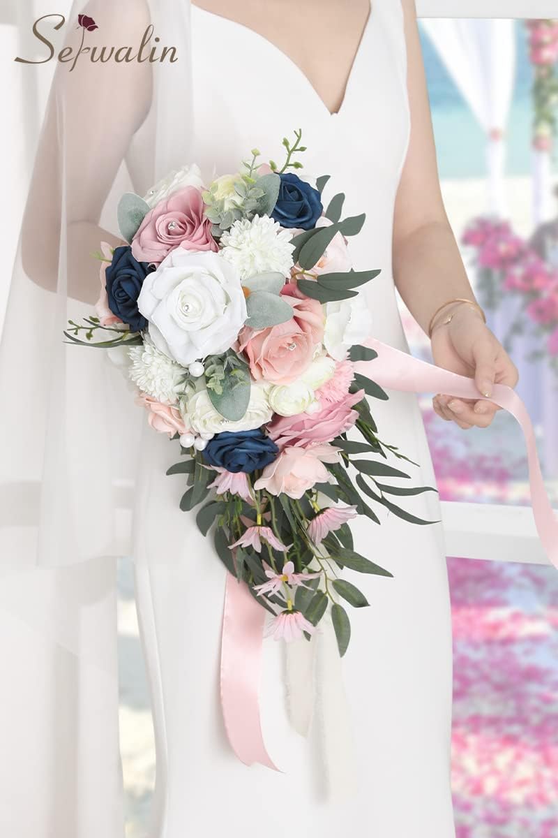 Serwalin Ramos de flores artificiales de 9.8 pulgadas y ramillete de muñeca para novia, ramo de novia para ceremonia de boda, aniversario,