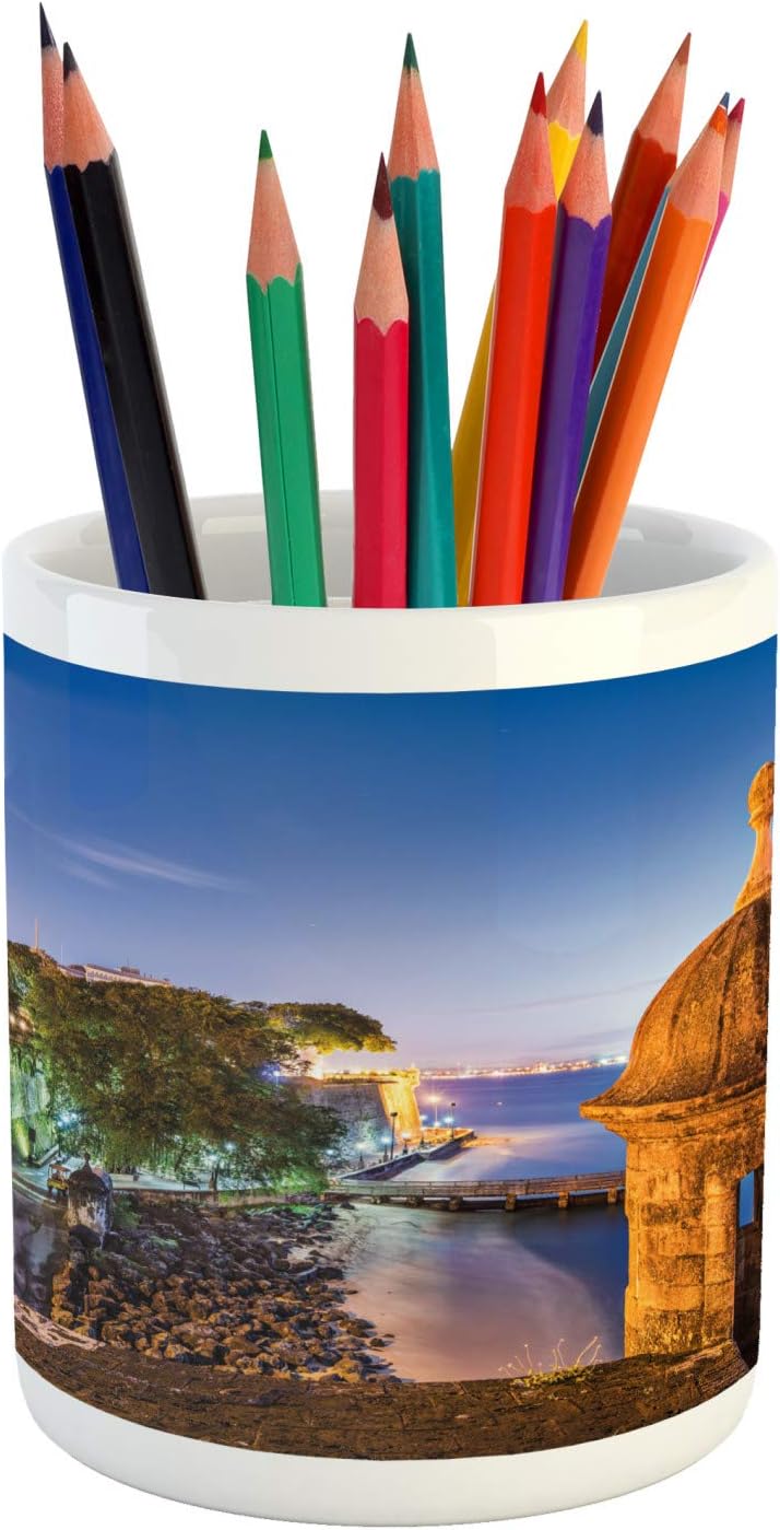 Lunarable Puerto Rico Pencil Pen Holder, Coast at Paseo de la Princesa Retro Style Architectural Elements Photography, Printed Ceramic Pencil Pen