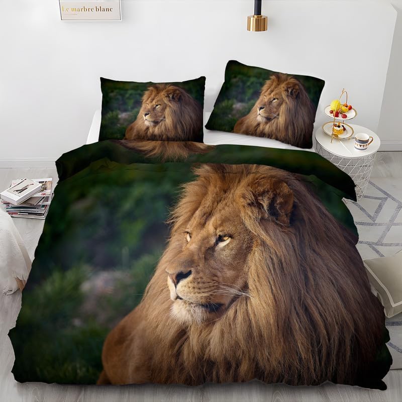 Dark Green Lion California King Duvet Cover Animal Print Bedding Soft Microfiber Comforter Cover and 2 Pillow Shams 20″X36″, Bed Set Duvet Covers