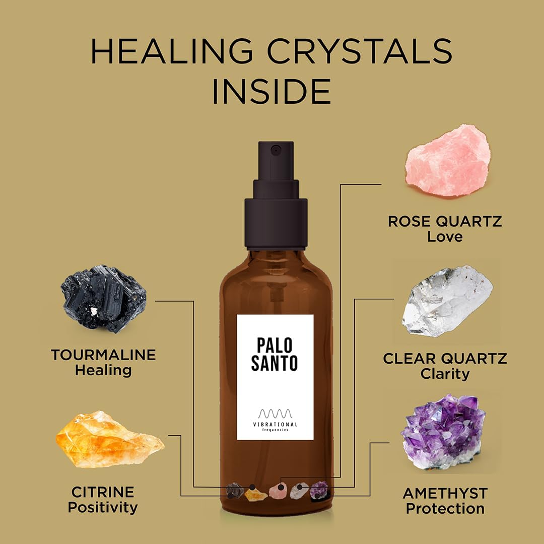 Palo Santo – Spray para manchas con cristales de cuarzo para cuerpo y espacio, limpiador de energía negativa, ambientador natural en aerosol,