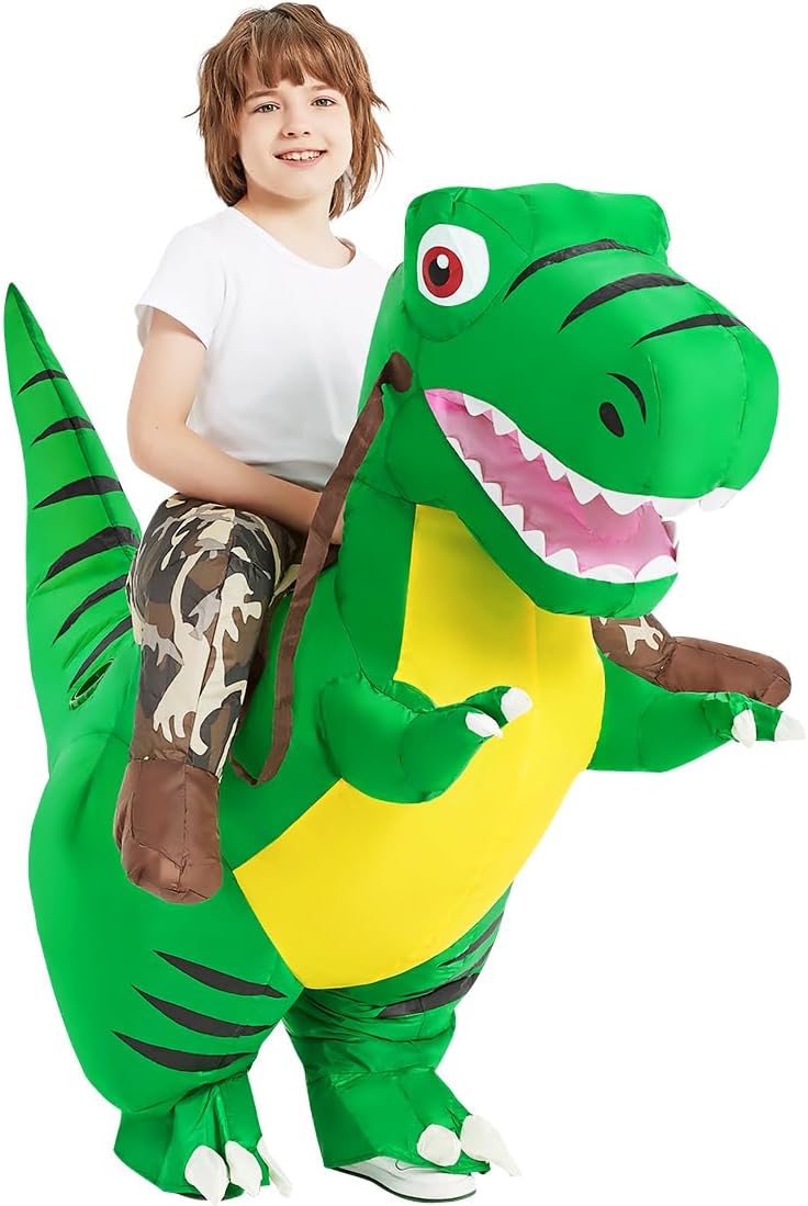 COMIN Disfraz inflable de dinosaurio para niños, disfraz de dinosaurio inflable de T-Rex, vestido divertido verde para fiesta de Halloween