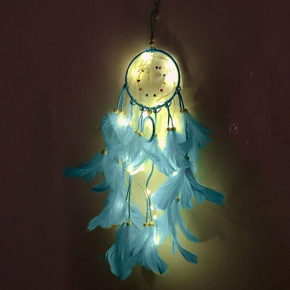 Atrapasueños brillantes con luces LED, adornos de araña de plumas hechas a mano, decoración de pared de red india para decoración del hogar, 20