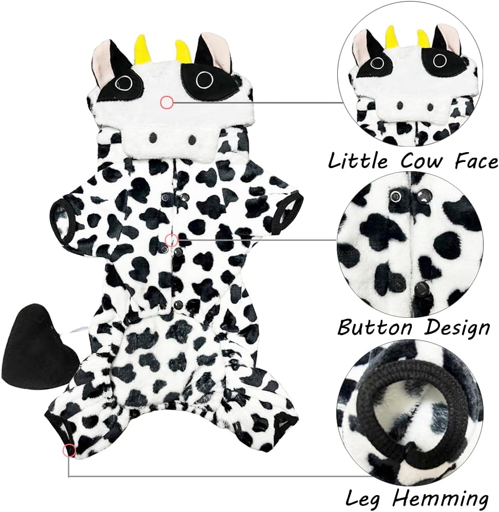 Disfraz de perro de vaca  Divertido disfraz de perro de Halloween, trajes cálidos de invierno para perros pequeños y medianos, adorable pijama de 4