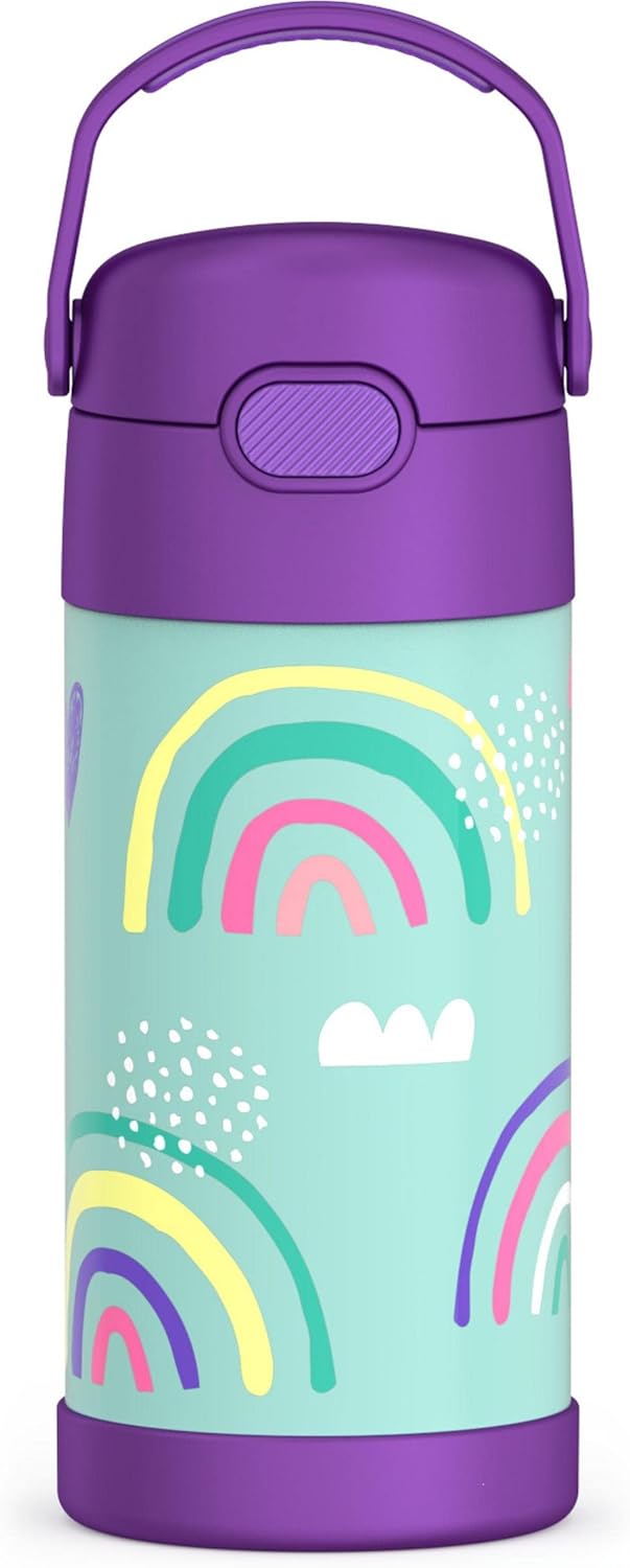 THERMOS FUNTAINER – Botellas de agua de acero inoxidable con aislamiento al vacío para niños, 12 onzas, azul y arcoíris